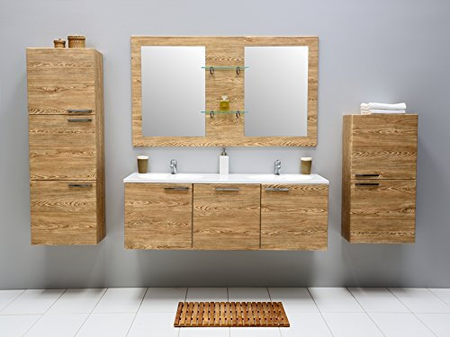 Galdem® Set di mobili da bagno con lavandino ceramica specchio sotto l' armadio alto armadio pensile doppio lavabo bagno set premontato Beige