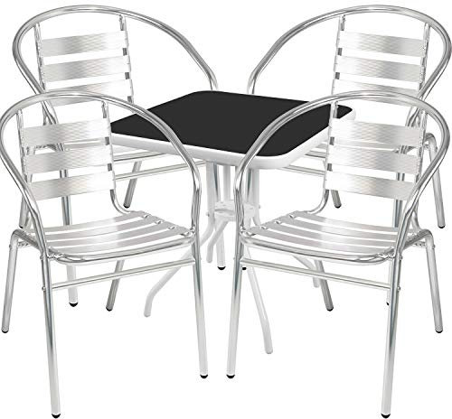Mojawo® Bistrogarnitur 5-teilig Bistrotisch Metall/Glas weiß/schwarz Bistroset eckig 60x60cm + 4 Stapelstühle Aluminium