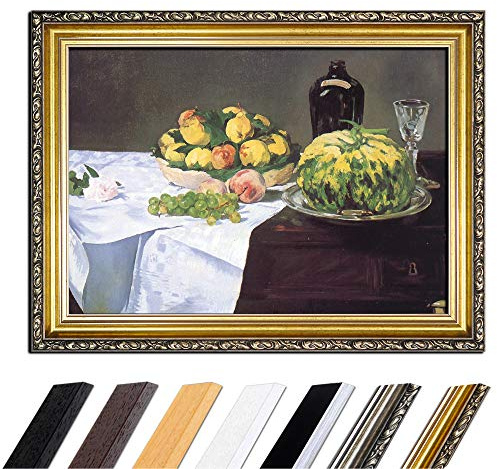 Bilderdepot24 Bild mit Rahmen - Édouard Manet Stillleben mit Melone und Pfirsichen 50x40 cm - Gerahmtes Leinwandbild Alte Meister - Antiker Rahmen Gold Barock, Klassisch