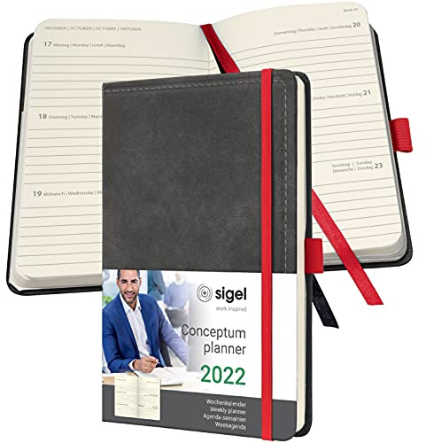 SIGEL C2257 Terminplaner Wochenkalender 2022 - Vintage Design - Lederoptik - ca. A5 - grau - Hardcover - 192 Seiten - Gummiband, Stiftschlaufe, Archivtasche - PEFC-zertifiziert - Conceptum