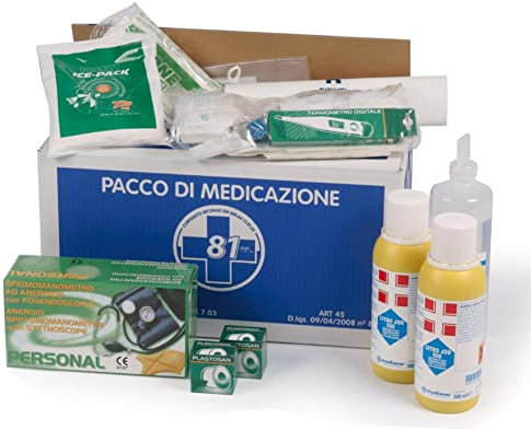 KIT REINTEGRO COMPLETO DI CARTELLO PRIMO SOCCORSO pacchetto medicazione ricambio per cassetta medica di pronto soccorso CON MISURATORE DI PRESSIONE per aziende con 3 o più lavoratori