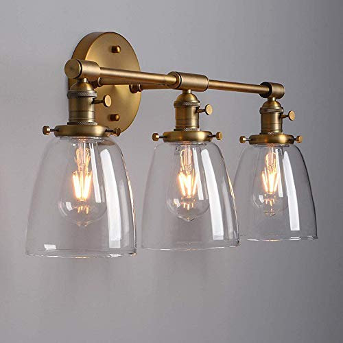 VOMI Spiegelleuchte Wandleuchte Vintage Industrial E27 Badezimmer Wandlampe Mit Schalter 3 Flammig Spiegellampe Mit Transparent Glaslampenschirm Make-up-Leuchte für Washroom Schlafzimmer, Messing