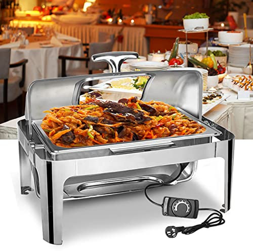 Chafing Dish Food Warmer Buffet Server, Food Warmer Container Chafing Dishes Roll Top for Keep Hot Food Warm for Buffet Catering Party, Clear Lids+Adjustable Temperature, Stainless Steel, 400W, 9L