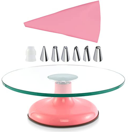 Distlety Glass Cake Turntable for Decorating: 12 Inch Cake Spinner Stand for Birthday Party Wedding Cake Decorating Supplies Tools (Pink)