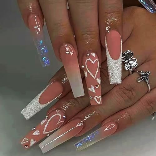 Brishow Rosa Künstliche Nägel French Lang Nägel zum Aufkleben Press on nails mit Kristall Herz Ballerina Acryl Fake Nails 24 Stück für Frauen und Mädchen