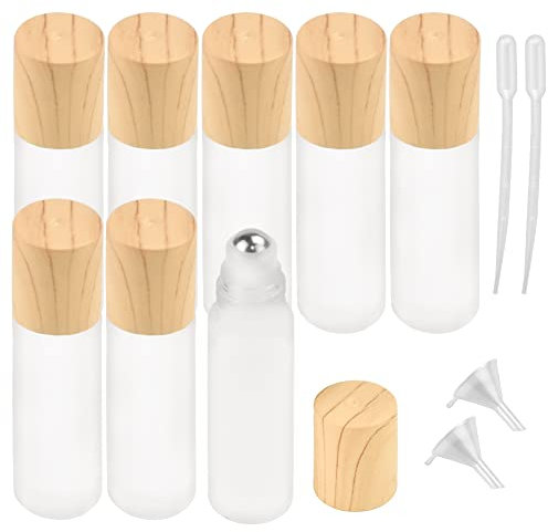 CODIRATO 8 Stück Roller Flaschen mit Trichter und Tropfer für ätherische Öle, Lotionen, Parfums - 10ml Glasflaschen mit Holzmaserung und Edelstahlkugeln - Nachfüllbar, auslaufsicher, multifunktional