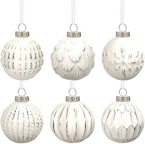 Kathfly 6 Stück Bauernhaus-Kugel-Ornamente im Used-Look aus Metall, Glaskugel, Vintage-Stil, Retro-Weihnachtsschmuck, Glasornamente für Weihnachtsbaum (weiß)