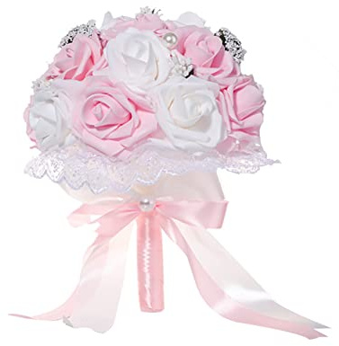 Blumenstrauß Romantische Hochzeit Künstliche Hochzeitsstrauß Koreanischen künstlicher Rosenstrauß Bouquet Deko Brautjungfer Blumenstrauß Brautstrauß mit Perlen Brautstrauss für Hochzeit,Rosa + Weiß