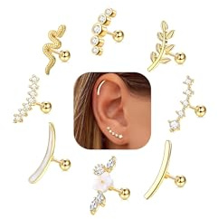 FIBO STEEL 8 PCS 16G Cartilage Earrings Helix Piercing Jewelry for Women Stainless Steel Opal CZ Conch Daith Tragus Piercing Jewelry Flower Snake Leaf Screw Back Stud Earrings Set 14K Gold Plated