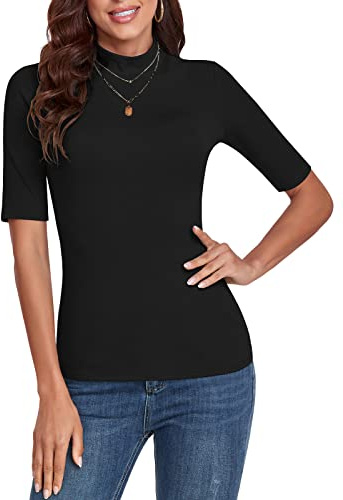 WOWENY Pull à Manches Courtes pour Femme élégant T-Shirt à 1/2 Bras avec Col Montant élastique T-Shirt à Col Roulé en Coton Tops Basiques Chemise Chemisier, Noir, XXL
