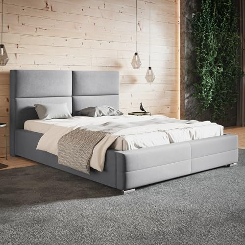 MOTIVENA Malaga Bett 180x200 Grau Samt, mit Stauraum, mit Kopfteil, mit Lattenrost, mit Füßen, ohne Matratze, Polsterbett 180x200 mit Bettkasten Grau (Hellgrau)