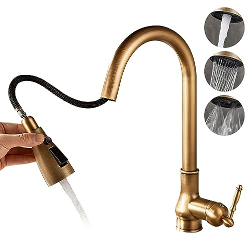 Vintage Messing Antik Bronze Küchenarmatur Einloch Kupfer Mischbatterie mit herausziehbarem Sprüher (Stream, Spray, leistungsstarke Aquablade) (3 Funktionen Sprühgerät)
