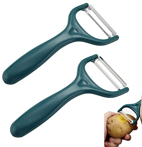 YUNYAN Fruit Peeler Lot de 2 éplucheurs multifonctions en acier inoxydable avec lame pendulaire pour pommes de terre, carottes, légumes, fruits, 14 × 6 cm (noir et vert)