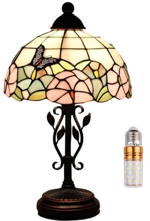Kinbolas Tischlampe im Tiffany Stil,Vintage Nachttischlampe Schlafzimmer Deko Lampe,Jugendstil Tischleuchte,Butterfly buntglas lampenschirm 25cm / 10 Zoll,Harz-Basis mit Kabel und E27 LED Birne(B)