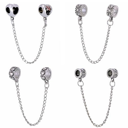 10Pc Safety Chains for Pandora Bracelets - Unique Silver Plated Charm Safety Chains - 10 Different Designs Compatible with European Charm Bracelets - Jewellery Gifts Women Girls Mum