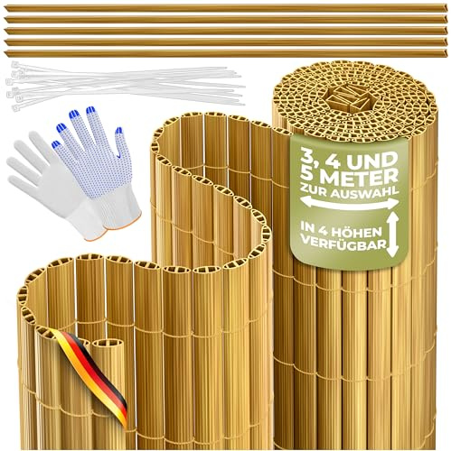 KESSER® PVC Sichtschutzmatte Sichtschutzzaun 80x500cm Balkonverkleidung Windschutz verstärkte Lamellen für Garten Balkon & Terrasse Balkonumrandung inkl Kabelbindern, Abdeckung & Handschuhe Bambus