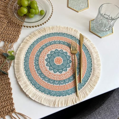 Viusneun 4er Set Rund 33cm gewebte Tischsets,Platzset für Esszimmer,Boho Baumwolle Platzsets Untersetzer,Tisch Dekoration,Platzdeckchen rutschfest,Waschbar,Ideal für Küche,Party,Hochzeit usw (G)