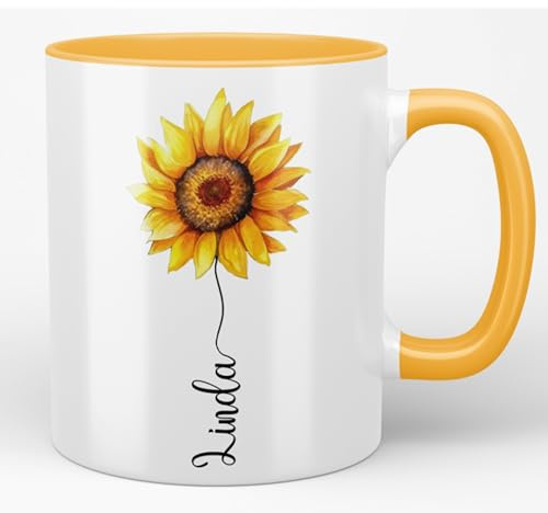 Personalised Sunflower Name Mug - Pretty Flower Gift - 11oz Ceramic Coffee Cup (Golden Yellow Mug)