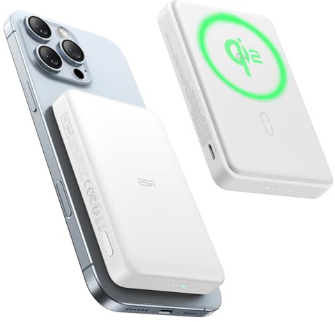 ESR MagSafe Power Bank 10000mAh, 15 W-Zertifizierte Wireless Magnetische Powerbank,15W Ultraschnelles Aufladen Tragbares Ladegerät mit USB-C Kabel für iPhone 17/16/15/14/13/12/Google Pixel 10, Weiß