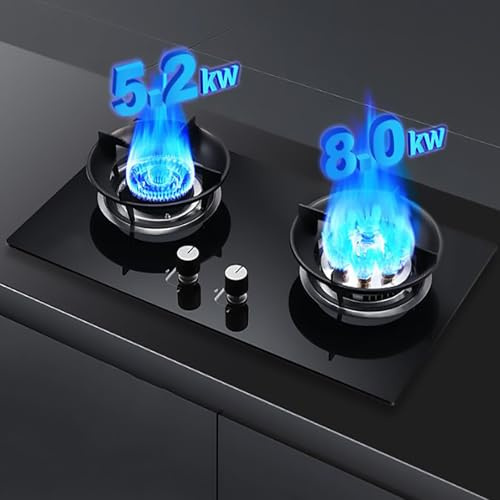 THEGA Fornello A Gas Tavolo E Incasso, Sinistra 5.2KW Destra 8.0KW Fornello A Gas con Doppio con Accensione A Impulsi, Fornello A Gas con Dispositivo di Funzione Timer, Facile da Pulire(NG)