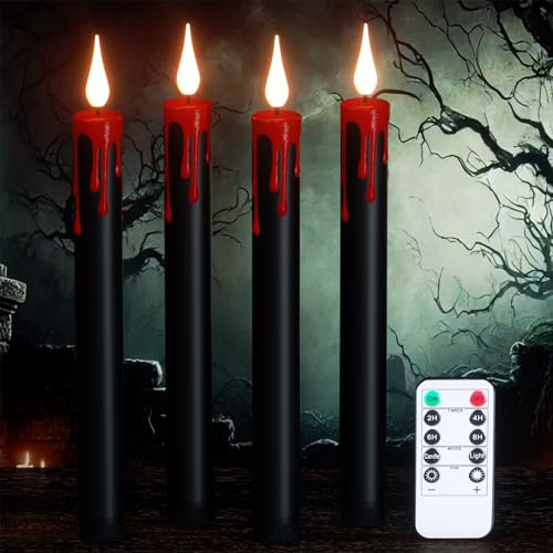 Eldnacele Halloween Kerzen, schwarze LED Stabkerzen mit Blutoptik, 4er Set | Tropfkerzen-Design, Timerfunktion, Fernbedienung, dimmbar, batteriebetrieben, für Gothic Deko und Halloween-Tischdeko
