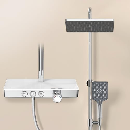 EMKE Colonne de Douche Thermostatique,Chrome,avec Douche Pluie Thermostatique et Douchette à Main,3 types de jets, Panneau Thermostatique de 36 cm, Douche Pluie de 30 cm