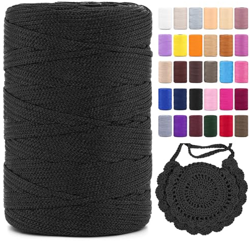Polyester Makramee Garn 3mm X 225m，Makramee Band，Makramee Kordel 100% Polypropylene Yarn Makramee Schnur Kordel Garn Zum HäKeln FüR Makramee Blumenampel Deko KnüPfen Taschen DIY (Schwarz, 1 Pcs)