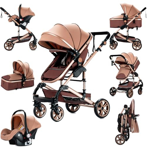 Sianldcone Kinderwagen 3 in 1, Hochwertige Stoffe Kinderwagen Set, Zwei-Wege-Schiebefunktion Reisesysteme, Offene Sicht Kombikinderwagen 3 in 1 Komplettset (739 Beige)