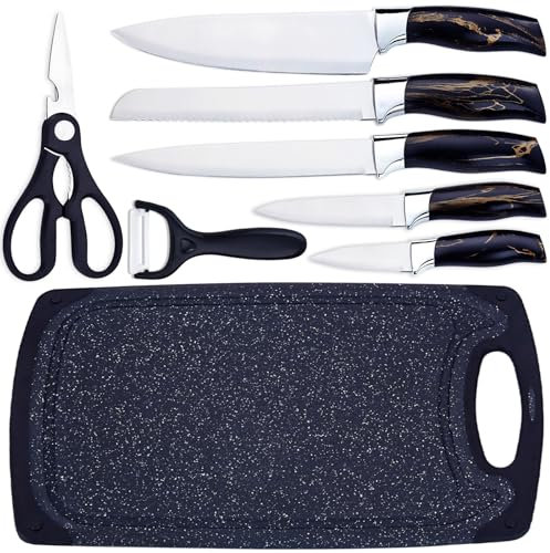 PionStar 8-Piece Kitchen Knife and Chopping Board Set – Chef, Bread, Carving, Utility & Fruit Knives + Scissors & Peeler|Stainless Steel Knife Set + Large Board