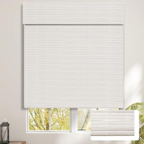 SEEYE Cordless Bamboo Blinds Shades, Light Filtering Bamboo Roller Shades Natural Roman Blind Shade, Roll Up Blind for Windows, Easy to Install for Door, Bedroom, 34 W x 64 H, White