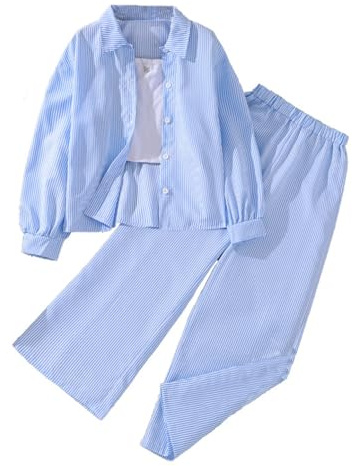SoLu DAY8 Ensemble Ete Enfant Fille 8-13 ans Tailleur Chemise Manche Longue et Pantalon Ado Fille Ample Pas Cher Chic Confortable Mignon Habillée a la Mode Léger Casual Vacances (Blue, 10-11 Years)