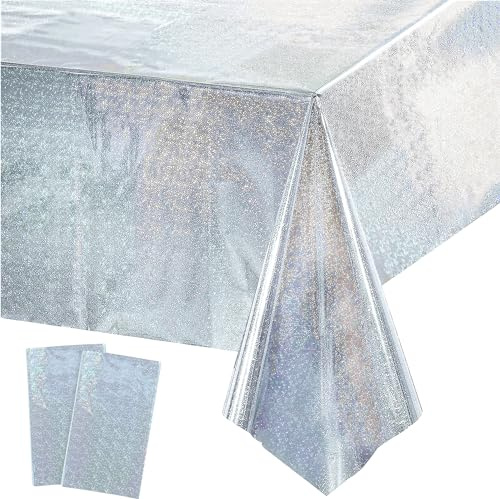 Tischdecke Geburtstag Silber Glitzer 2 Stück - Metallic Wasserabweisend Einweg Party Tischdeck für Abschluss 2026 Eurovision Song Contest Silberhochzeit Disco Geburtstag Silvester Dekorationen
