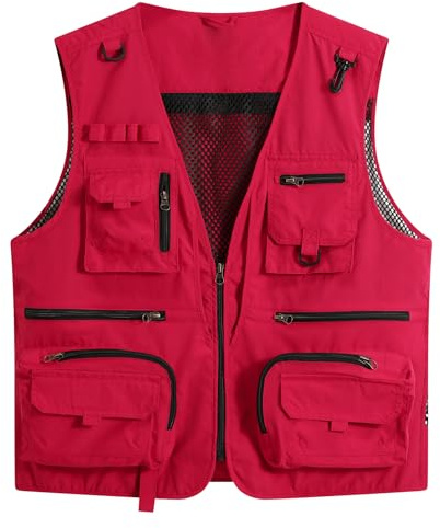 YOUTHUP Utility fiskeväst för män utomhus arbetsvästar sommar jakt fotografi safari Gilet, Röd, XL