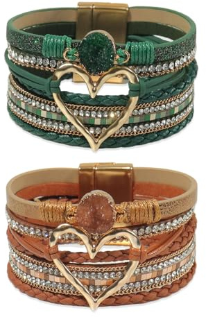 COAUXOG 2Pcs Boho Bracelets Woven Leather Multi-Layer Wrap Bracelet Heart Shape Inlaid Rhinestone Stackable Fashion Women Bracelet Jewelry (Dark Brown+Dark Green)