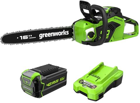 40V Akku-Kettensäge Greenworks mit bürstenlosem Motor GD40CS18, 40cm Blattlänge, 20 m/s Kettengeschwindigkeit, 3,81 kg, 3 Jahre Garantie & 40V 4Ah Lithium-Ionen-Akku + 2A Universal Akku Ladegerät