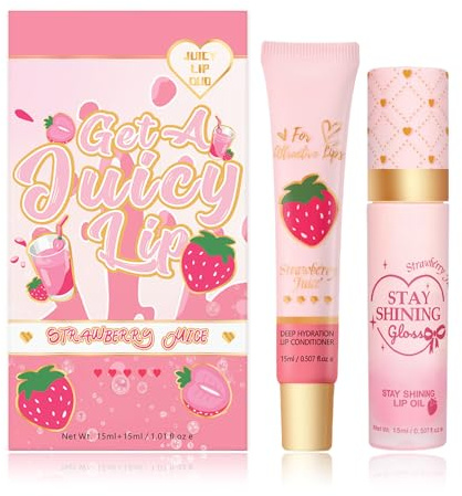 Lip Conditioner & Lip Oil Set, Moisturizing Natural Lip Care Set, Lip Gloss Balm For Dry and Chapped Lips, Gifts For Teenage Girls (One Size, Strawberry)