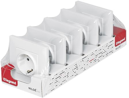 LEGRAND Pack 5 enchufes 2P+T 16A monobloc para instalación empotrada, Gama Niloé Step, Color Blanco, 398301