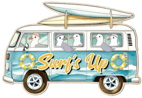 WADORN Vintage Metallschild Mit Möwen Auf Einem Bus, 38x25.7cm Lustiges Retro Blechschild Mit Aufschrift 'Seagulls Bus Surf'S Up' Wandkunst Poster Plakette Für Männerhöhle