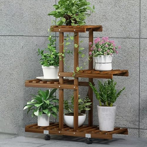 4-stöckiger rollender Pflanzenständer aus Holz mit Rollen – Indoor/Outdoor Blumentopfhalter, Leiterregal für Balkon, Terrasse, Wohnzimmer, vielseitiges Pflanzenregal