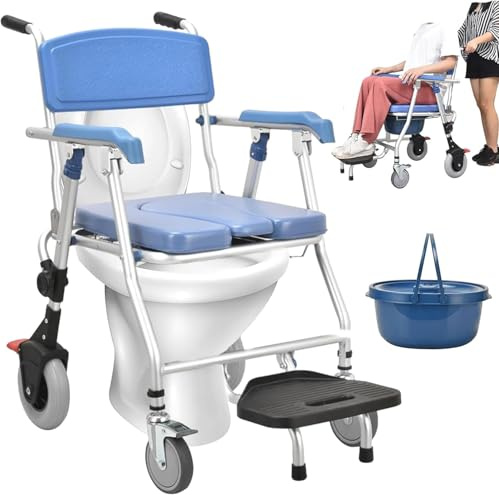 Toilettenstühle, Toilettenstuhl Mit Rollen, Duschstuhl Klappbar Für Senioren, Dusch WC Mit Armlehnen Und Klappbarer Fußstütze Für Senioren, Kranke, Schwangere Frau, Belastung 150 Kg