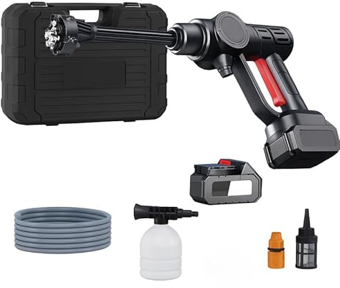 DIRU Hidrolimpiadora a Batería 48V, Portátil Alta Presión 600W con 6 Boquillas, 2 Baterías, Espuma y Manguera 5m para Coche y Jardín