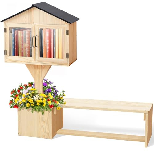 Wonderjune Little Library Book Outdoor with Bench Kit, Weatherproof Double Solid Book Exchange Box with Floor Plugs and Small Flower Fence for Neighborhoods, Community, School(Wood)