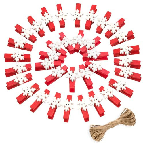 jijAcraft Rouge Petites pinces à linge en bois avec flocons de neige : pinces à linge en bois de 3,5 cm de Noël avec corde en jute, 50 mini pinces pour photo pour calendrier de l'Avent, décoration de