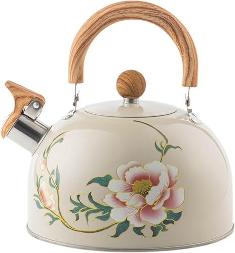 Bouilloire à Thé Sifflante Théière à Motif Floral avec Poignée en Bois Pot Bouillant D’Eau 3l Bouilloire en Acier Inoxydable pour Cuisinière De Cuisine, Beige
