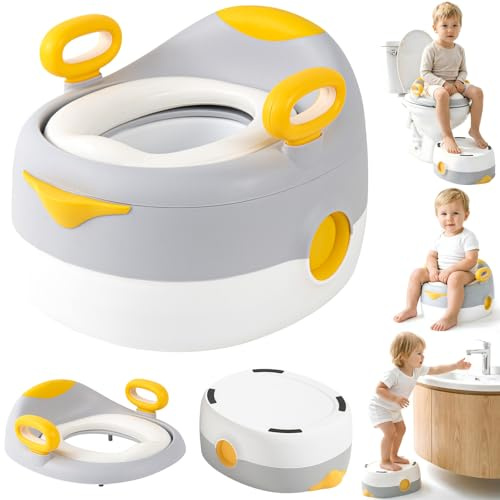 Hibtn 3-in-1 Potty Training Seat for Toddlers, Soft Cushioned Potty Chair with Removable Bowl, Splash Guard, Anti-Slip Step Stool & Toilet Trainer for Boys and Girls, Grey