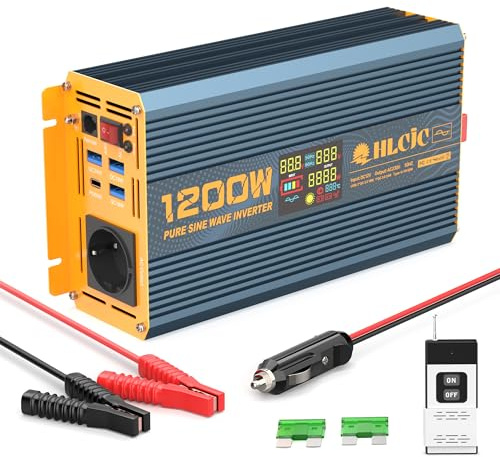 HLCJC Spannungswandler 1200W Reiner Sinus Wechselrichter 12V auf 230V, 2400W Spitze, mit USB-Anschluss für Auto, Wohnmobil, Camping