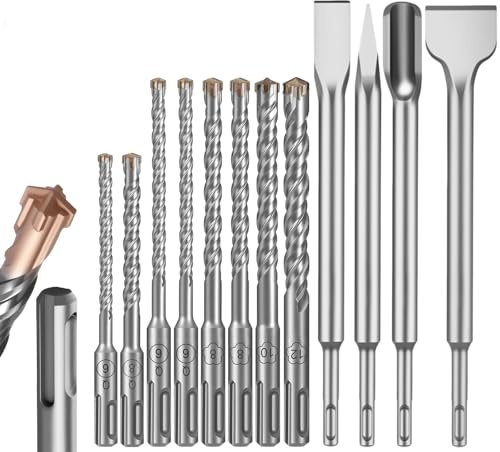 YOTINO 12 Brocas Y Cinceles Sds Plus, 8 Brocas De Martillo Cruzado (ø 6/8/10/12 Mm) + 4 Cinceles De Hormigón (ø14/20/40 X 250 Mm), Punta De Carburo De Tungsteno Para Hormigón