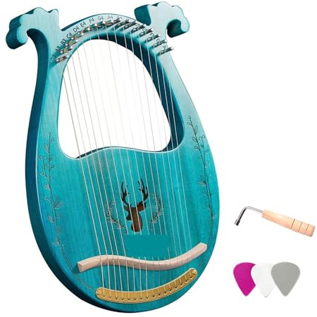16-saitige Lyra-Harfe, C-Tonart, Resonanzkasten aus Holz, Saiteninstrument mit Stimmschlüssel, 3 Plektren, Aufkleber, Zubehör for Anfänger für Erwachsene/Anfänger(Blue)