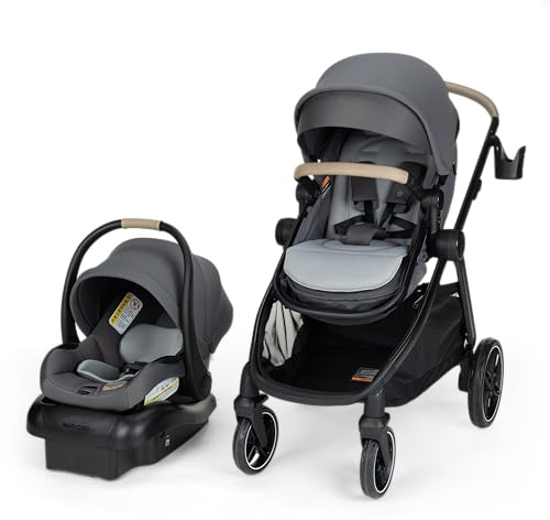 Maxi-Cosi Zelia Pro 5-in-1 Travel System with Mico Pro Infant Car Seat, Baby Stroller Combo, Reversible Seat, Large Wheels, Adjustable Handle, Newborn to Toddler, Lightweight, Sea Salt