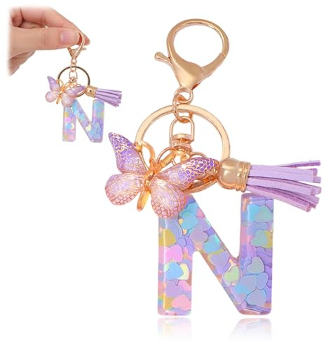 nernnernv 1 Schlüsselanhänger N, Personalisierte Initialen-Design mit Herz-Pailletten, Lila Farbverlauf & Schmetterling Taschenanhänger für Mädchen, Teenager, Frauen
